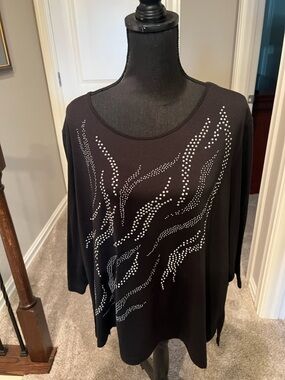 Cathy Daniels Black Long Sleeve Top with Silver Stud Wave Design
